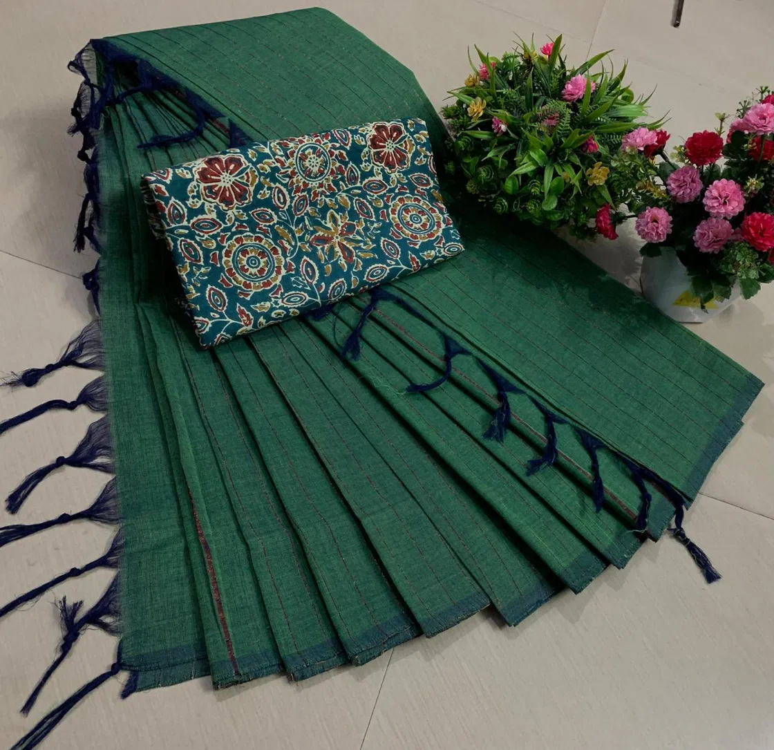 80's Chettinad Cotton Saree with Kalamkari Blouse - Bottle Green